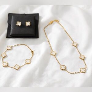 Set of 3 18k Gold Plated White/Gold Four-Leaf Clover Necklace Earring Bracelet